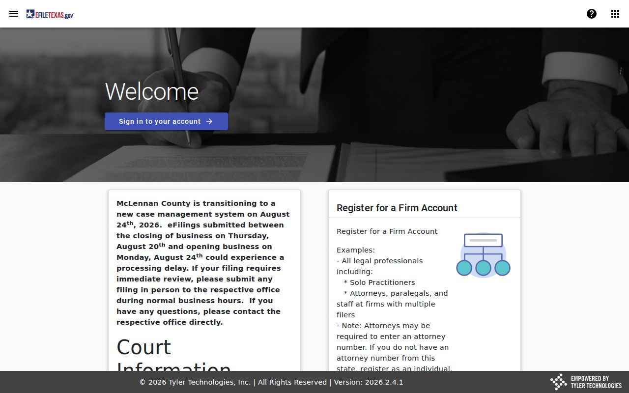 Texas state-provided electronic filing landing interface