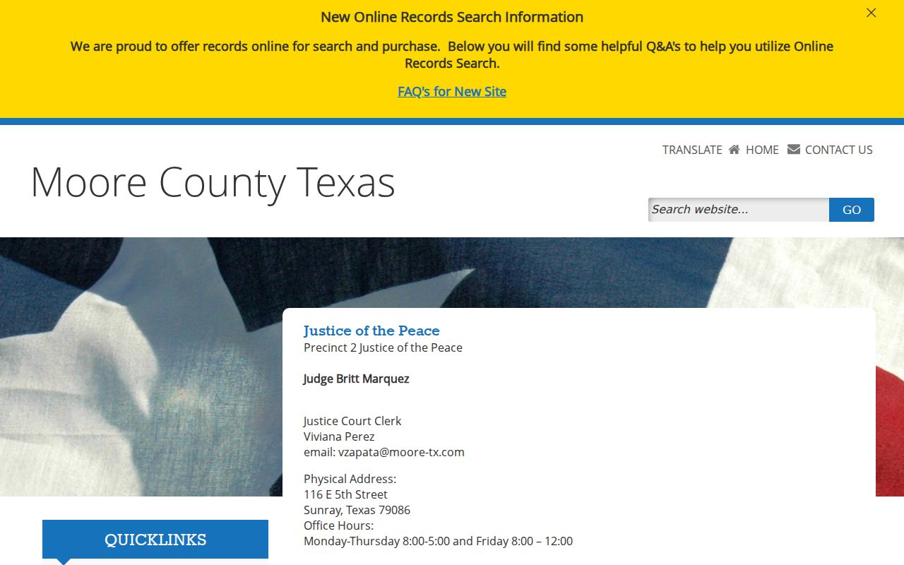 Official Moore County Justice Court Precinct 2 page with Sunray contact and forms