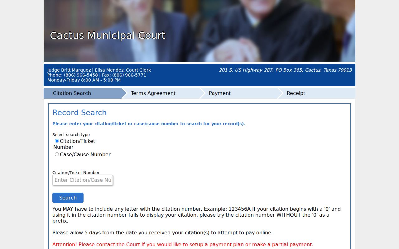 Cactus Municipal Court citation and case number search