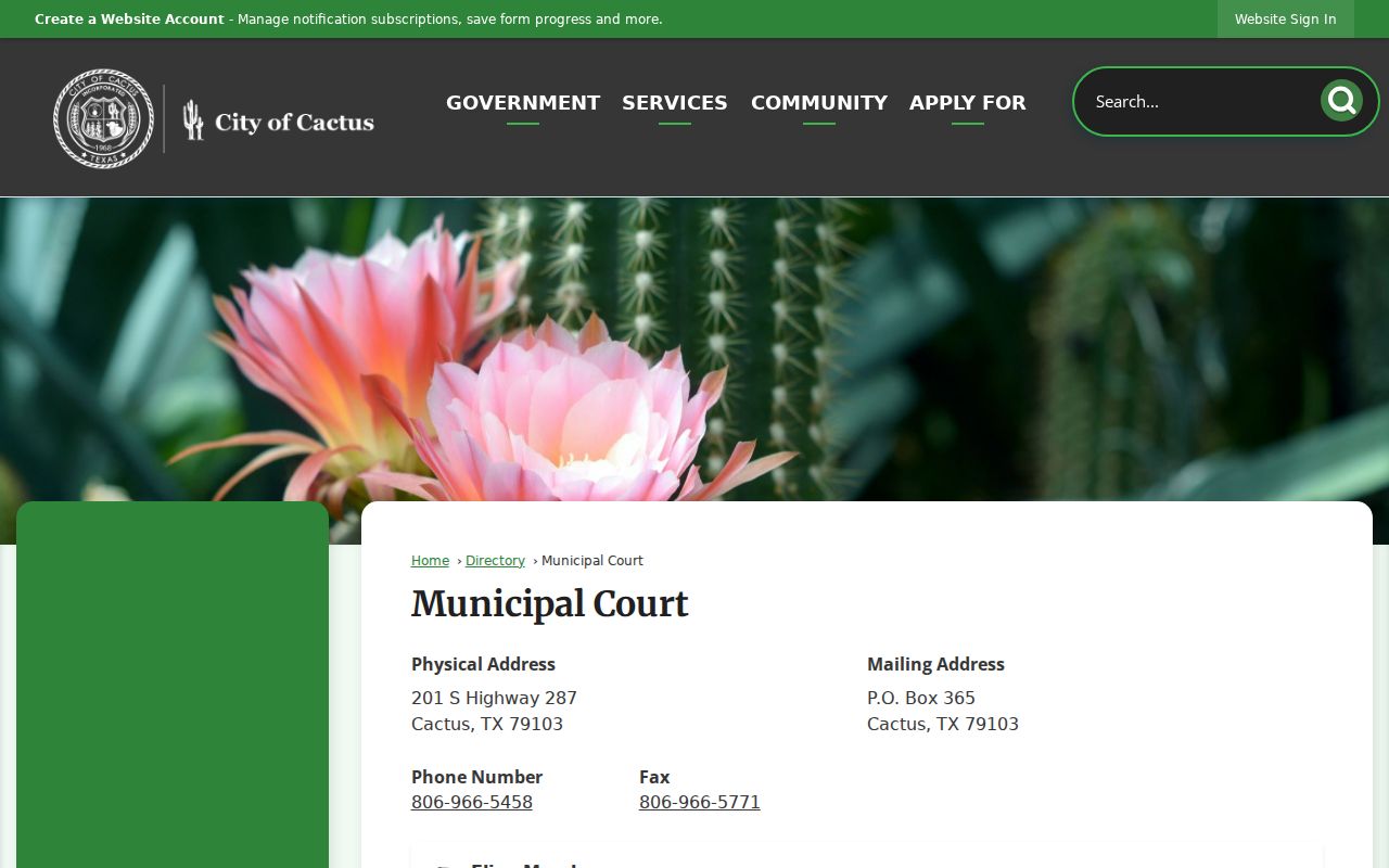 Cactus Municipal Court address clerk judge and office hours