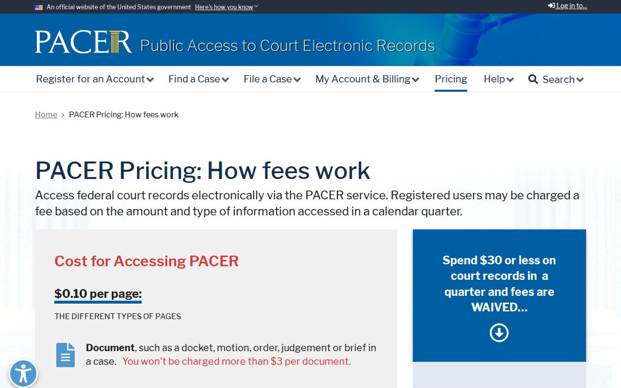 PACER federal court record pricing and free access explanation
