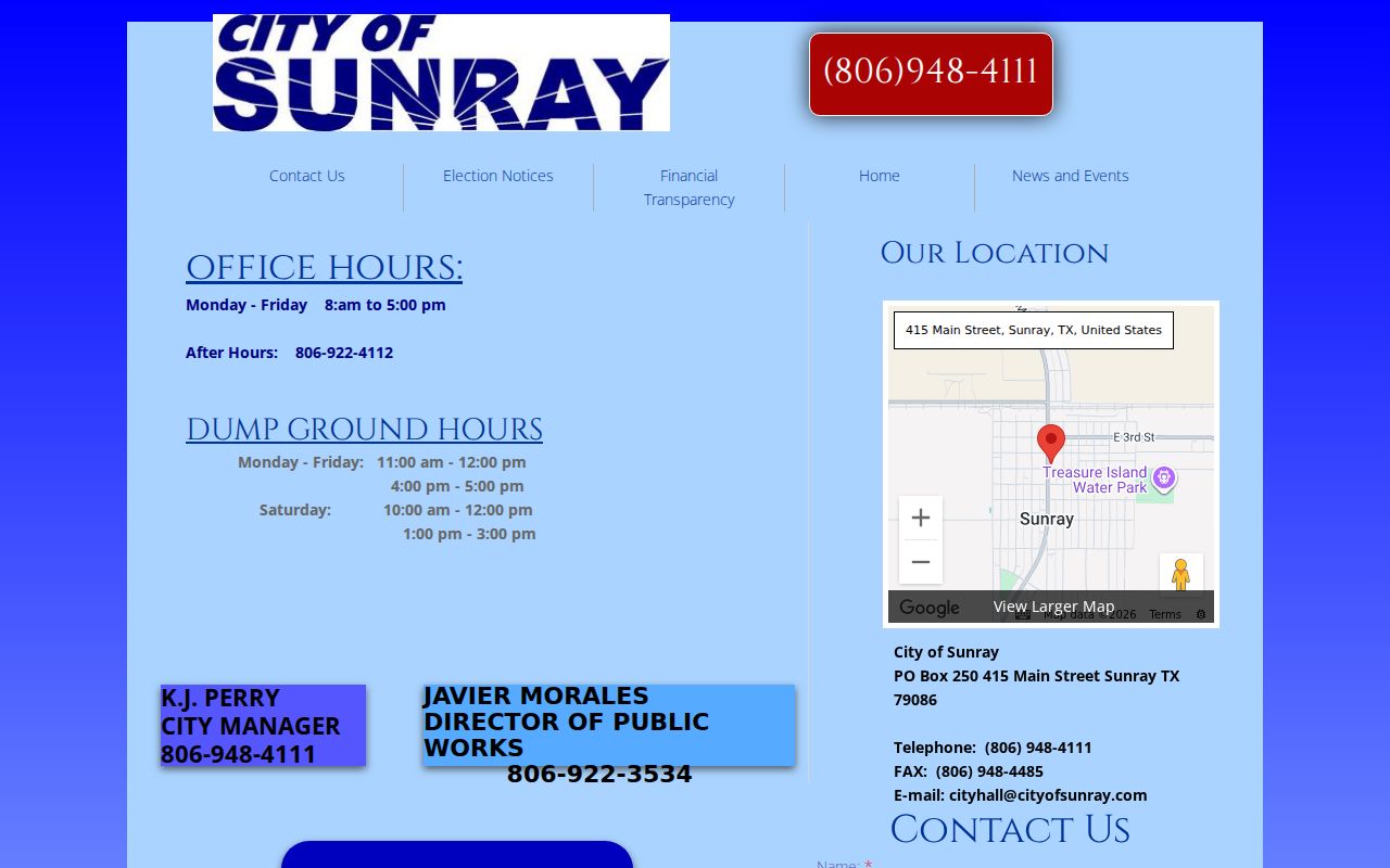 Sunray City Hall contact information and hours